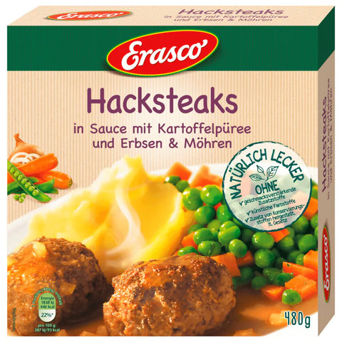 7x Erasco Hacksteaks in Sauce mit Kartoffelpüree und Erbsen und Möhren 480g