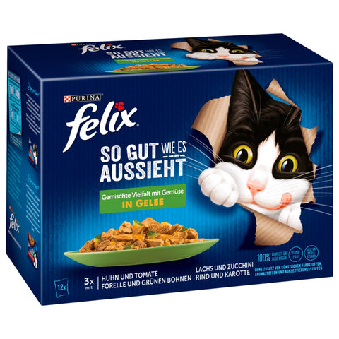 6x Purina Felix So gut wie es aussieht Gemischte Vielfalt mit Gemüse in Gelee 12x85g