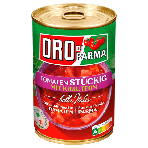 6x Oro di Parma Geschälte stückige Tomaten mit Kräutern 400g