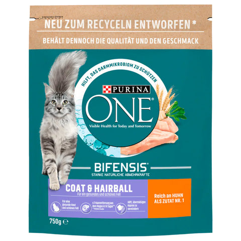 6x Purina One Bifensis Coat & Hairball Huhn 750g