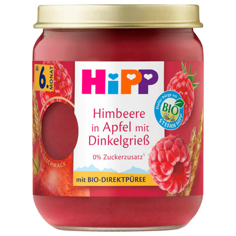 6x Hipp Bio Püree Himbeere in Apfel mit Dinkelgrieß 160g