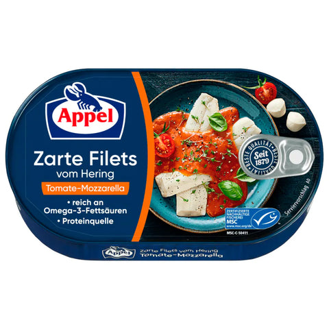 Appel Zarte Filets vom Hering Tomate-Mozzarella – Heringsfilets in fruchtiger Tomaten-Mozzarella-Sauce, 200 g, MSC-zertifiziert.