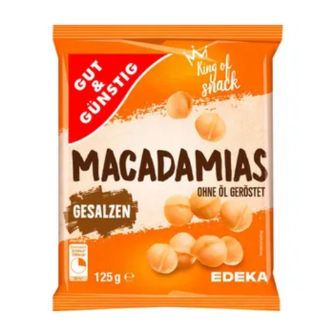 Packung G&G Macadamia geröstet und gesalzen, 150 g, hochwertiger Snack mit goldbraunen, knusprigen Nüssen, ideal für zwischendurch, als gesunde Knabberei oder zum Verfeinern von Gerichten. Perfekt für Nussliebhaber und alle, die geröstete Nüsse mit salzigem Geschmack genießen möchten.