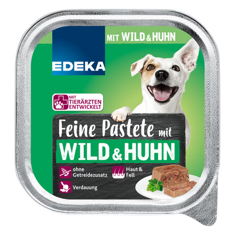 22x EDEKA Dog Feine Bissen Pastete Huhn/Wild 150g